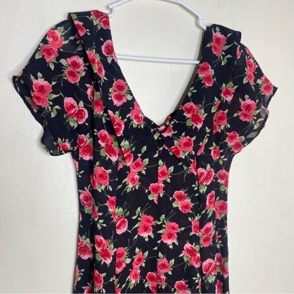 Karin Stevens Vintage 90s Black Rose Print Semi Sheer Midi Dress Size 6 - Picture 7 of 14